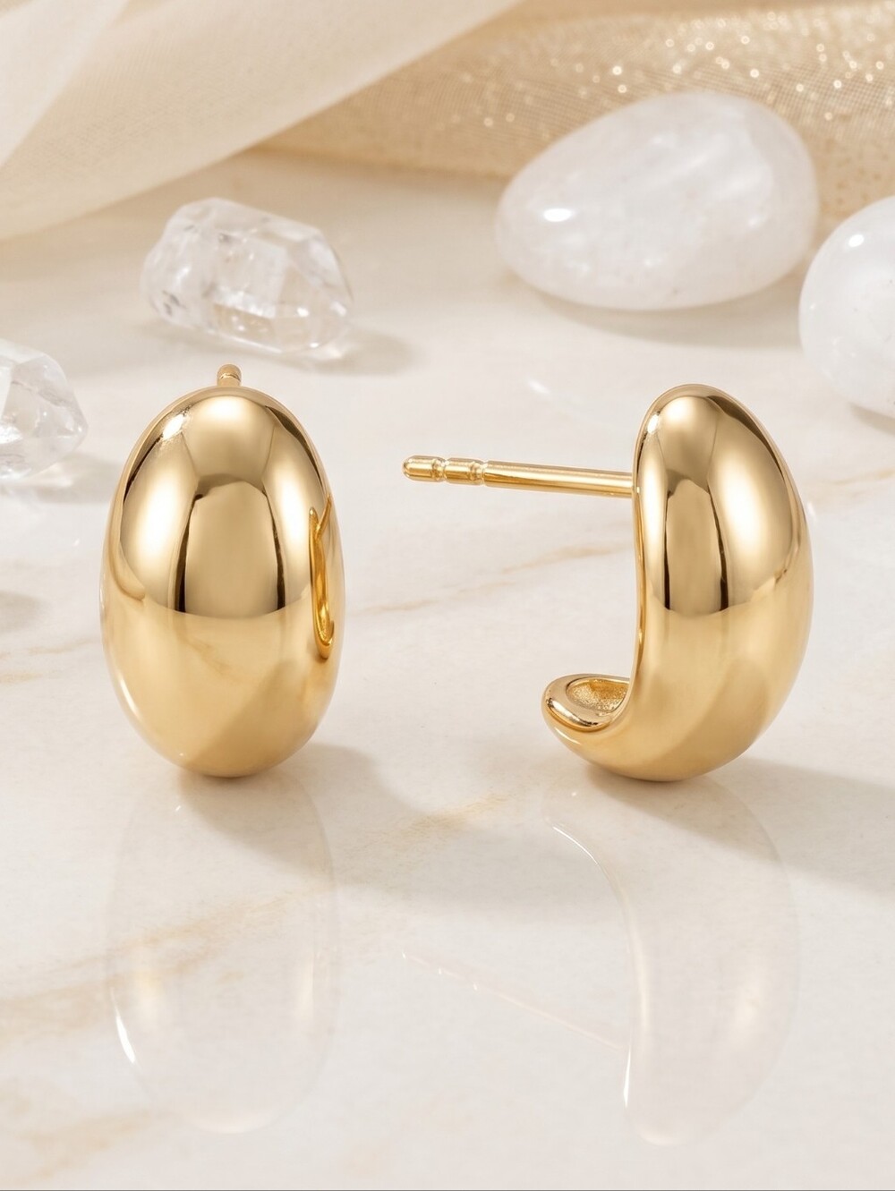 18K Yellow Gold Plated Dome Stud Earrings SS Old Money Minimalist Classic 0.43"